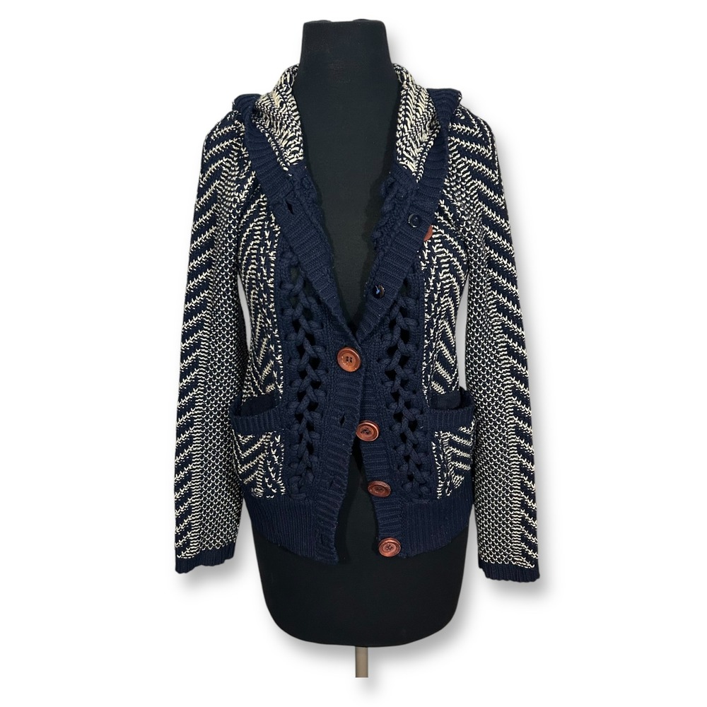HWR‎ Anthropologie Crochet Cardigan Sweater Knit Button Up Blue Cream Women's S
